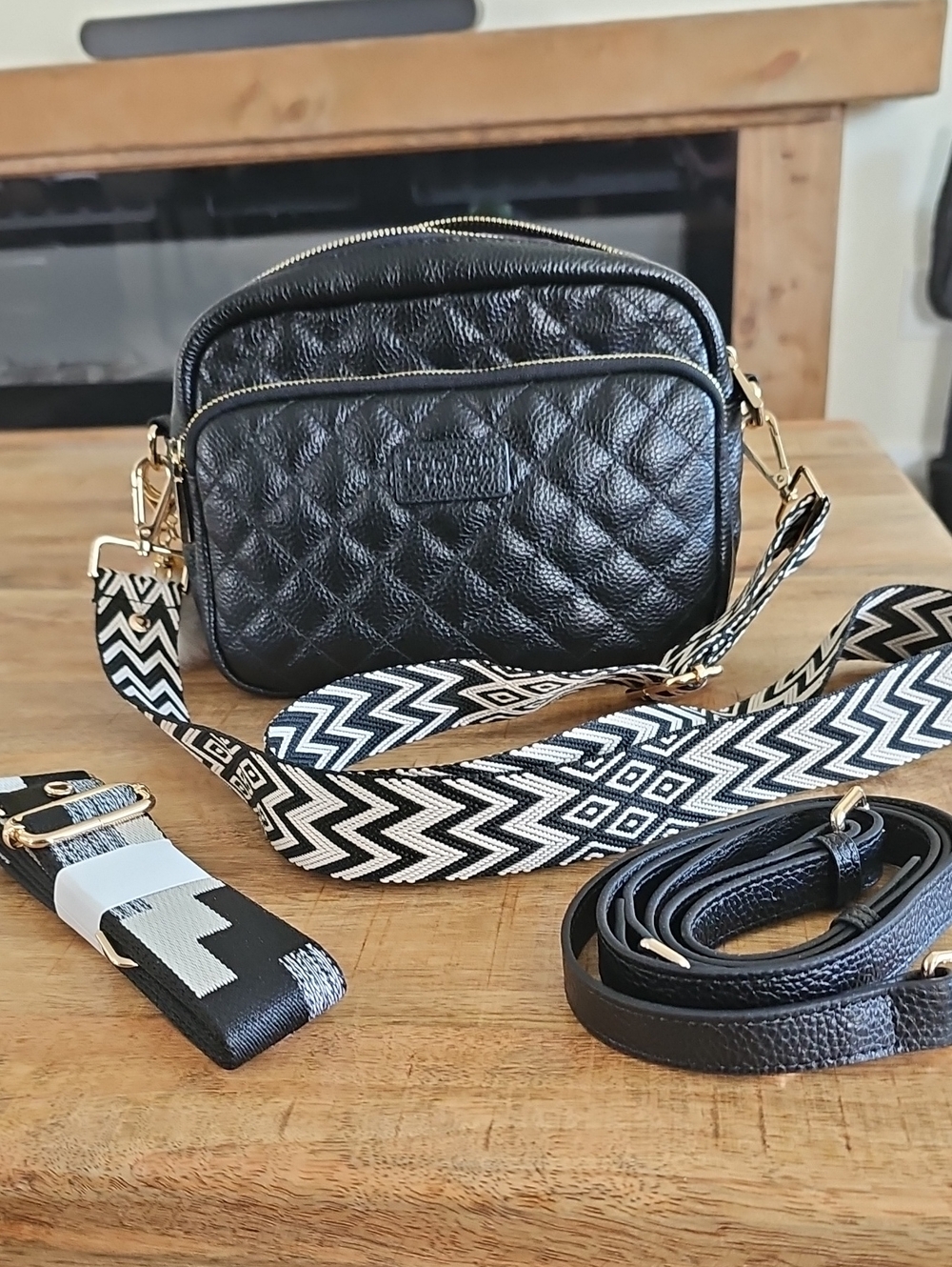 Black Quilted Crossbody Bag with Patterned Strap